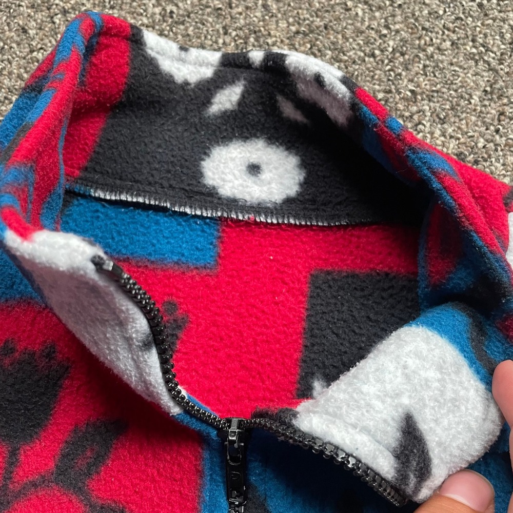 Vintage Style Patchwork Floral Fleece Jacket Red Blue Full Zip Mock Neck L - Picture 7 of 7